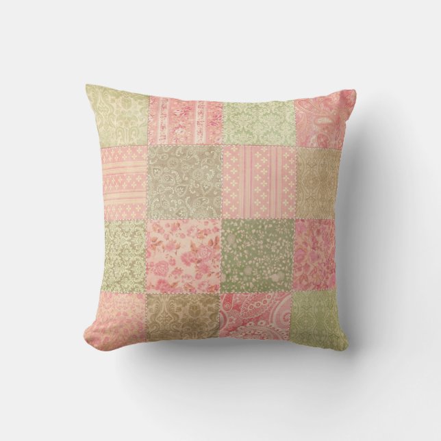 Pink, Sage Green Floral Patchwork Quilt Pattern Cushion (Front)