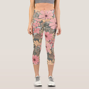 Pink Sage Green Flowers Leave Watercolor Pattern Capri Leggings