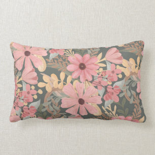 Pink Sage Green Flowers Leave Watercolor Pattern Lumbar Cushion