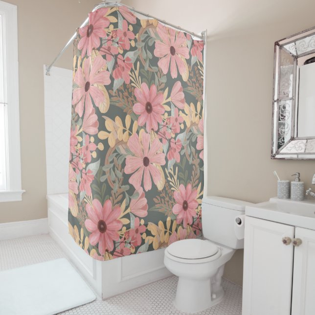 Pink Sage Green Flowers Leave Watercolor Pattern Shower Curtain (In Situ)
