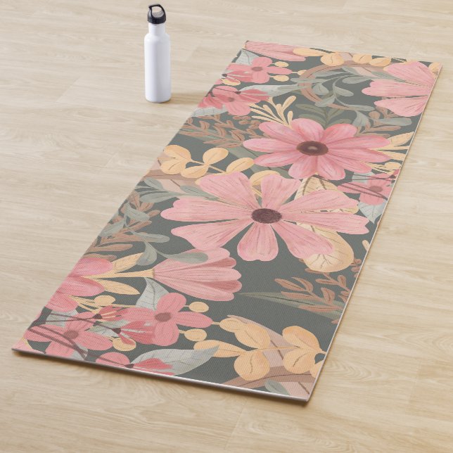 Pink Sage Green Flowers Leave Watercolor Pattern Yoga Mat (In Situ)
