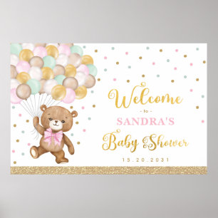 Pink Sage Green Teddy Bear Balloon Welcome Baby Poster