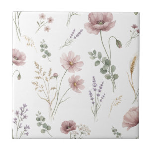 Pink Sage Green Watercolor Wildflower Ceramic Tile