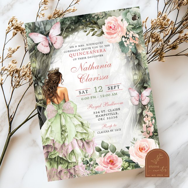 Pink Sage Green Whimsical Forest Quinceanera Invitation (Creator Uploaded)