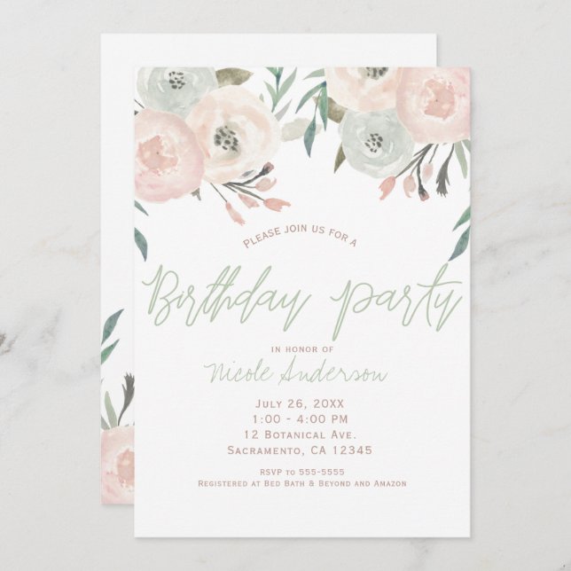 Pink Sage Mint Green Modern Floral Birthday Party Invitation (Front/Back)