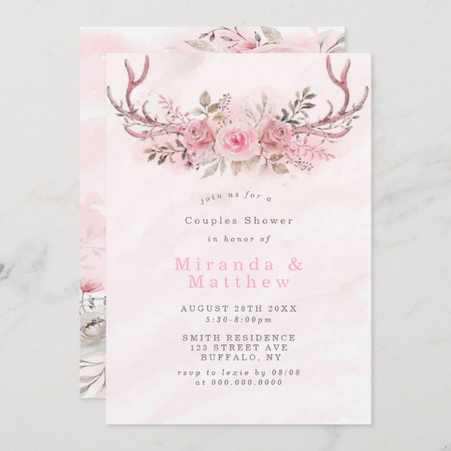 Pink Sage Peony Deer Antlers Couples Shower Invite (Front/Back)