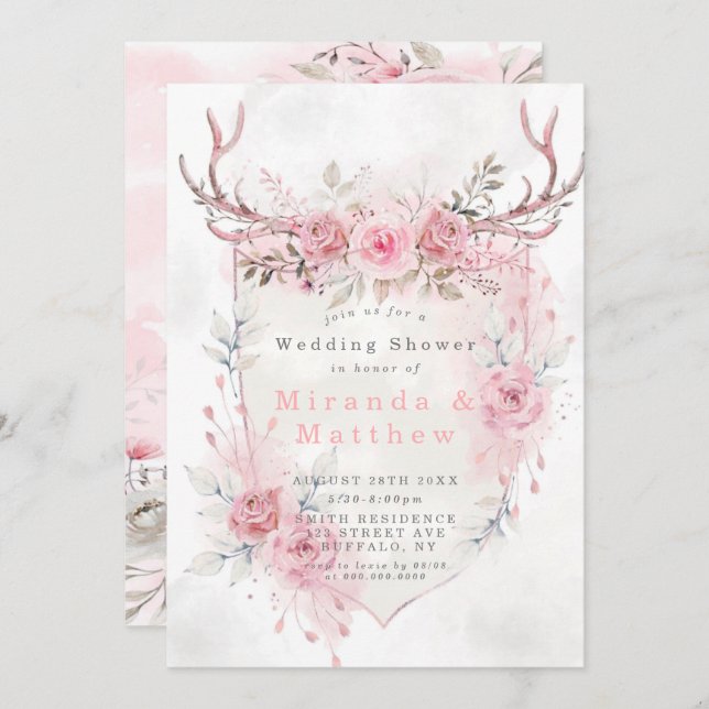 Pink Sage Peony Deer AntlerS Wedding Shower Invite (Front/Back)
