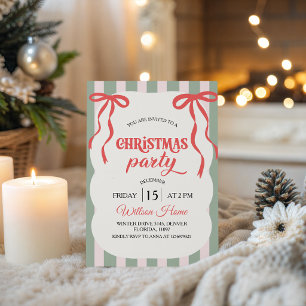 Pink Sage Striped Red Bow Christmas Party Invite