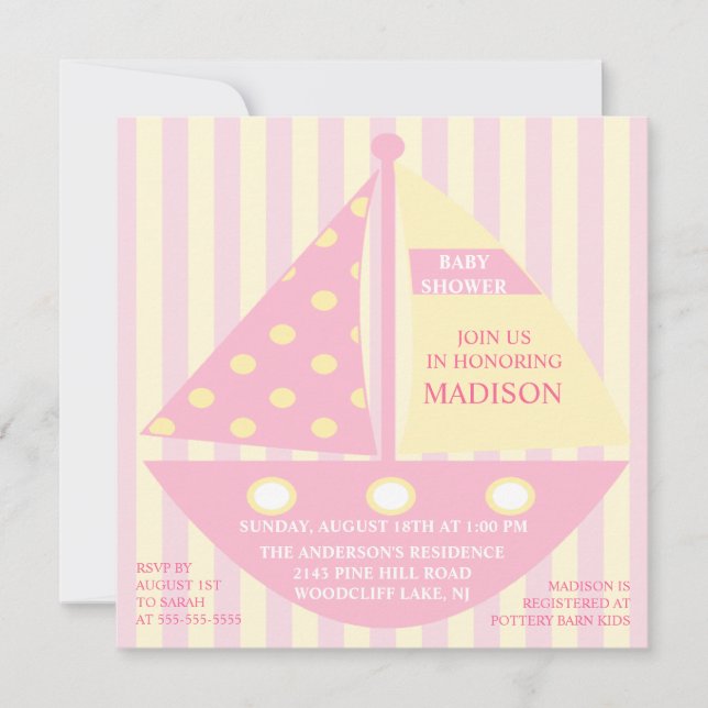 PINK SAILBOAT Baby Shower Invitation (Front)