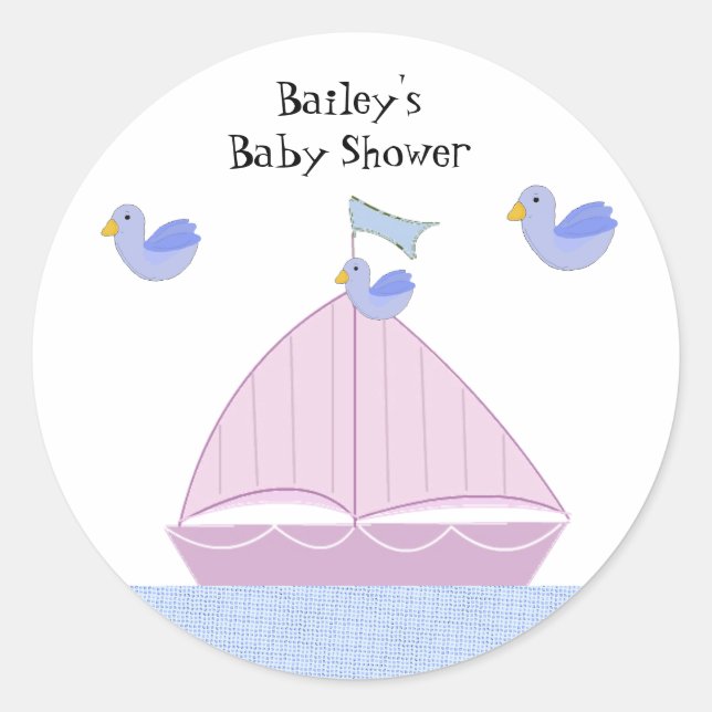 Pink Sailboat Personalised Baby Shower Classic Round Sticker (Front)