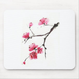 Pink Sakura Blossom – Minimalist Ink Brush Art Mouse Pad