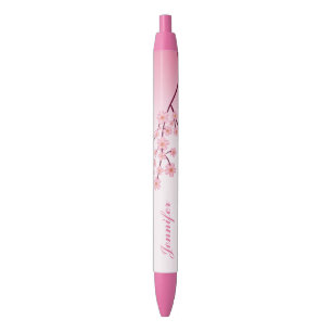 Pink Sakura Branch With Personalised Name Black Ink Pen