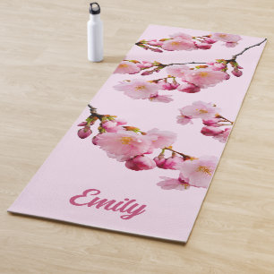 Pink Sakura Cherry Blossom Branches Photo And Name Yoga Mat
