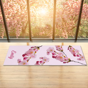 Pink Sakura Cherry Blossom Branches Photo And Name Yoga Mat