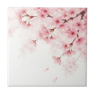Pink Sakura Cherry Blossom Watercolor Pattern Ceramic Tile