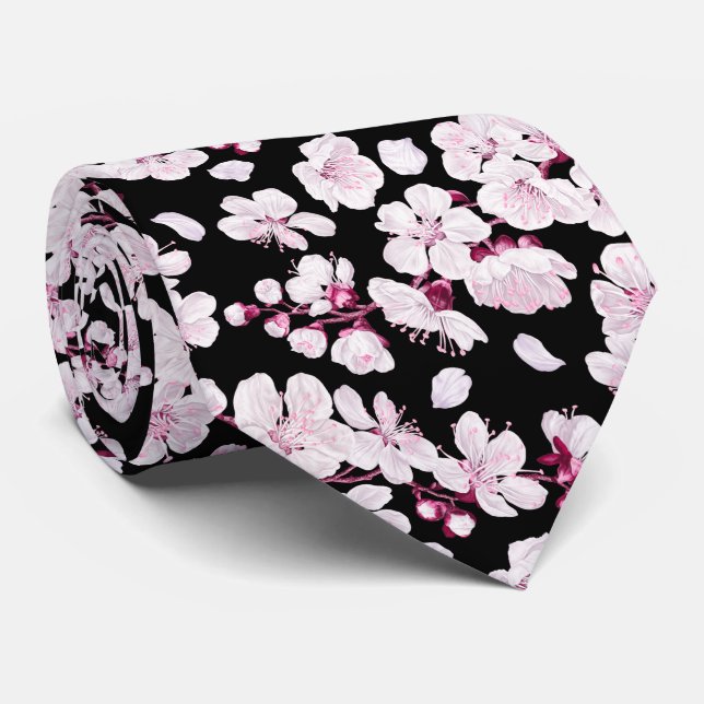 Pink Sakura Floral Cherry Pattern Modern Black Tie (Rolled)