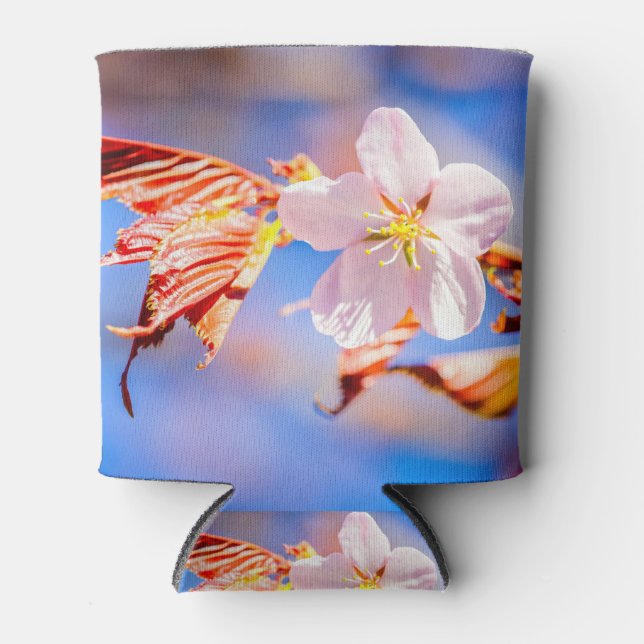 Pink Sakura Flower Blue Sky Can Cooler (Front)