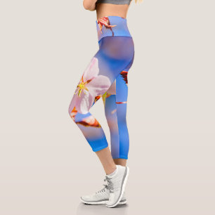 Pink Sakura Flower Blue Sky Capri Leggings