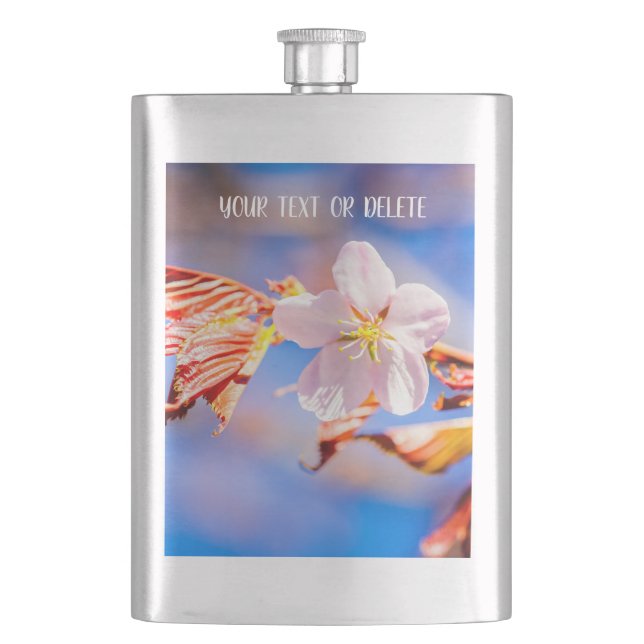 Pink Sakura Flower Blue Sky Hip Flask (Front)