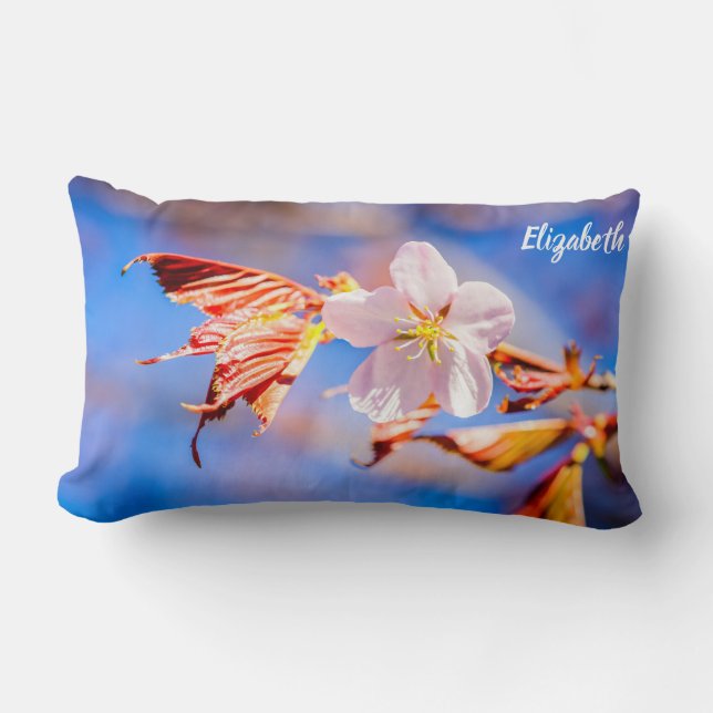 Pink Sakura Flower Blue Sky Lumbar Cushion (Front)