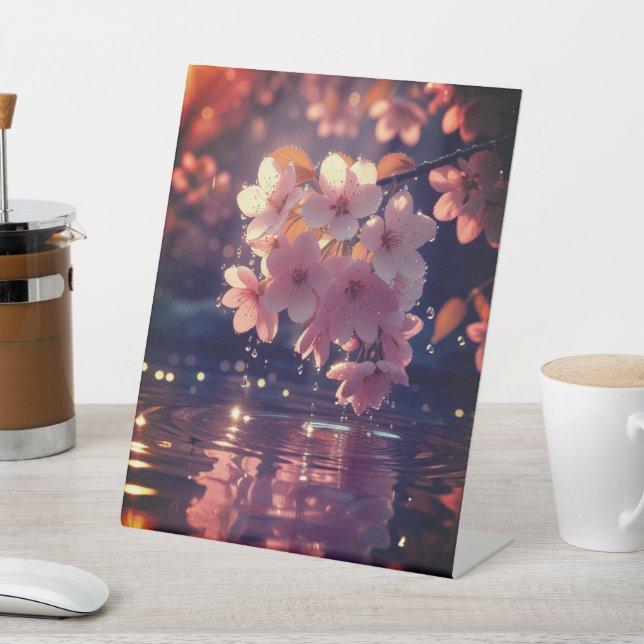Pink Sakura Flowers Over Water | Serene Spring Nat Pedestal Sign (In SItu)