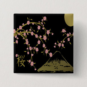 Pink Sakura Gold Black Japanese Screen 15 Cm Square Badge