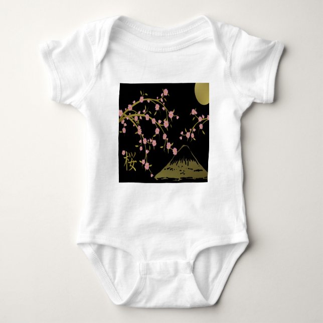 Pink Sakura Gold Black Japanese Screen Baby Bodysuit (Front)