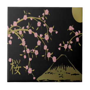 Pink Sakura Gold Black Japanese Screen Ceramic Tile