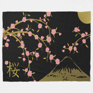 Pink Sakura Gold Black Japanese Screen Fleece Blanket