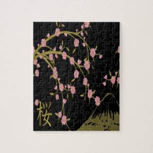 Pink Sakura Gold Black Japanese Screen Jigsaw Puzzle