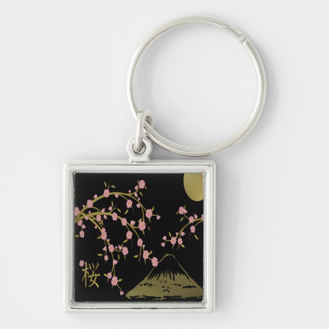 Pink Sakura Gold Black Japanese Screen Key Ring (Front)