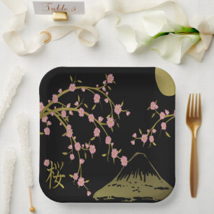 Pink Sakura Gold Black Japanese Screen Paper Plate