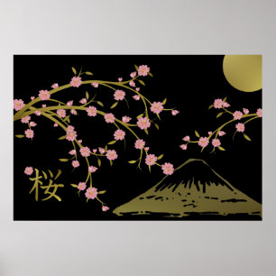 Pink Sakura Gold Black Japanese Screen Poster