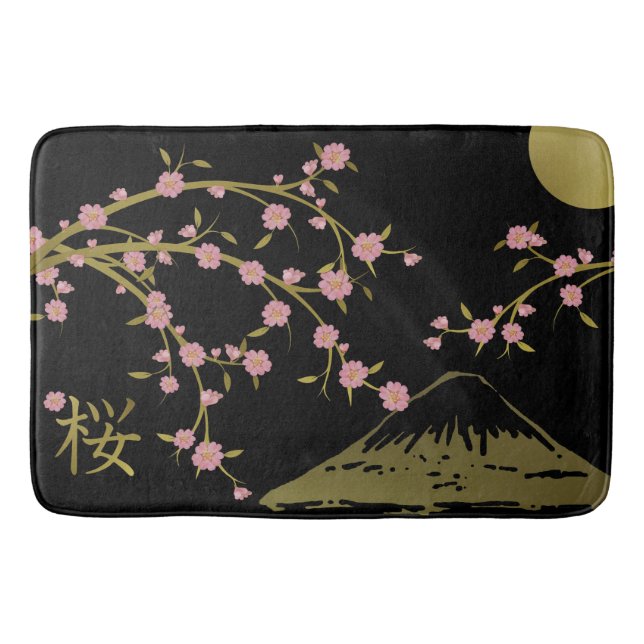 Pink Sakura Gold Black Japanese Screen Poster Bath Mat (Front)