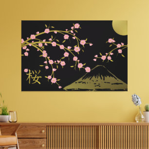 Pink Sakura Gold Black Japanese Screen Poster Canvas Print