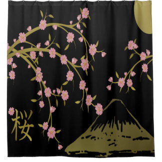 Pink Sakura Gold Black Japanese Screen Shower Curtain