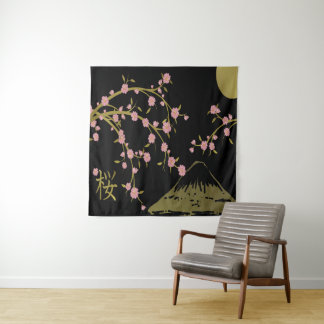 Pink Sakura Gold Black Japanese Screen Tapestry