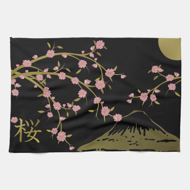 Pink Sakura Gold Black Japanese Screen Tea Towel (Horizontal)