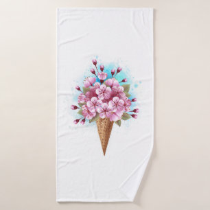 Pink Sakura Ice Cream Waffle Cone Bath Towel