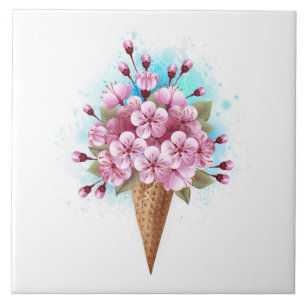 Pink Sakura Ice Cream Waffle Cone Ceramic Tile
