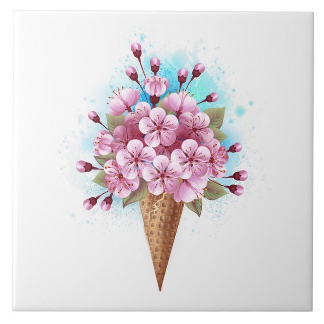 Pink Sakura Ice Cream Waffle Cone Ceramic Tile (Front)
