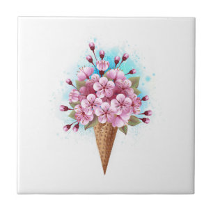 Pink Sakura Ice Cream Waffle Cone Ceramic Tile