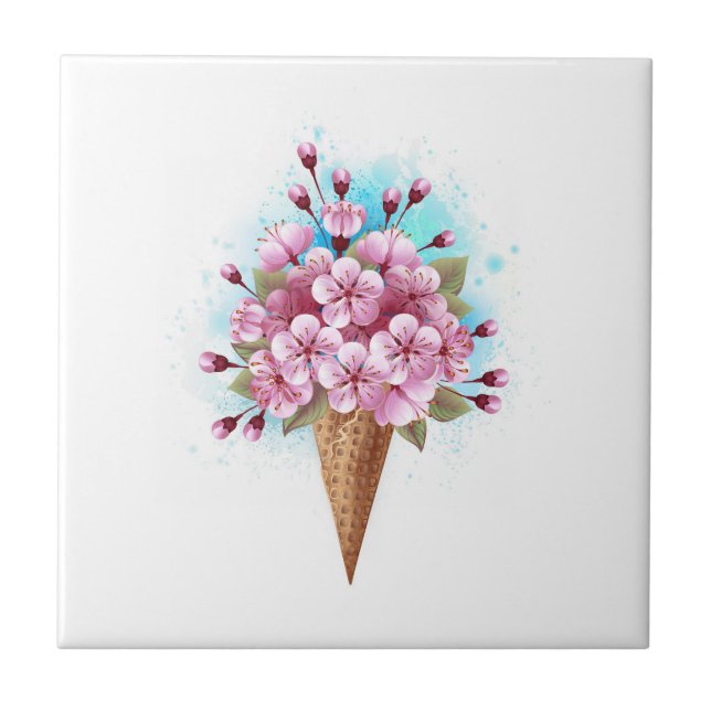 Pink Sakura Ice Cream Waffle Cone Ceramic Tile (Front)