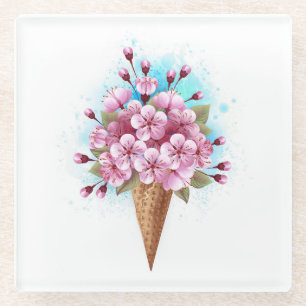 Pink Sakura Ice Cream Waffle Cone Glass Coaster