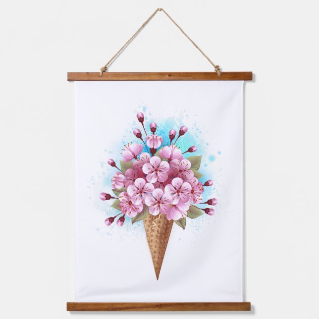 Pink Sakura Ice Cream Waffle Cone Hanging Tapestry (Front)