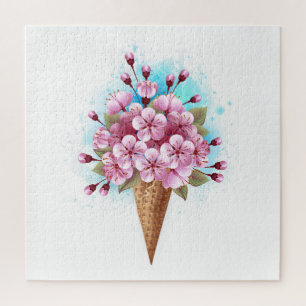 Pink Sakura Ice Cream Waffle Cone Jigsaw Puzzle