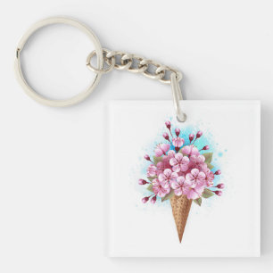 Pink Sakura Ice Cream Waffle Cone Key Ring
