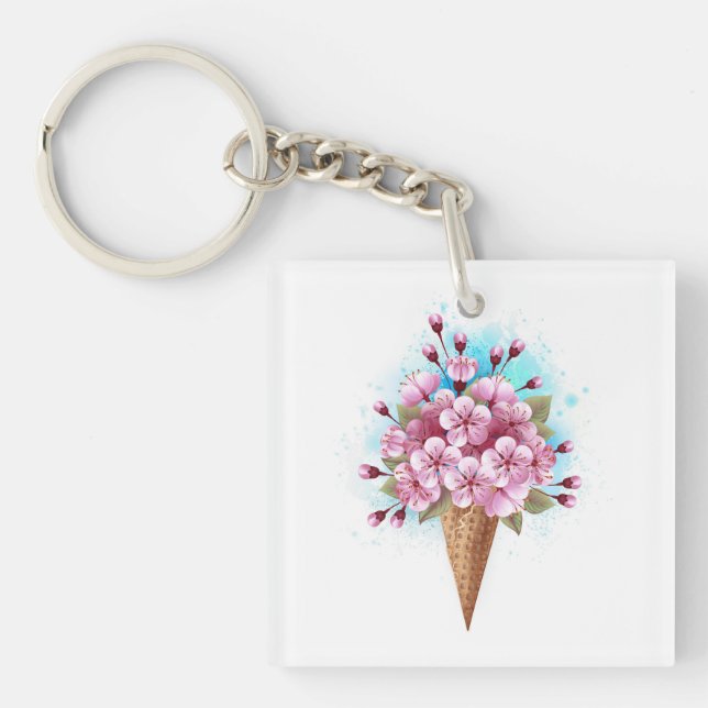 Pink Sakura Ice Cream Waffle Cone Key Ring (Front)