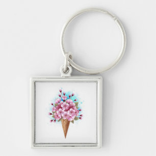 Pink Sakura Ice Cream Waffle Cone Key Ring