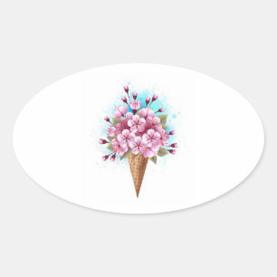 Pink Sakura Ice Cream Waffle Cone Oval Sticker